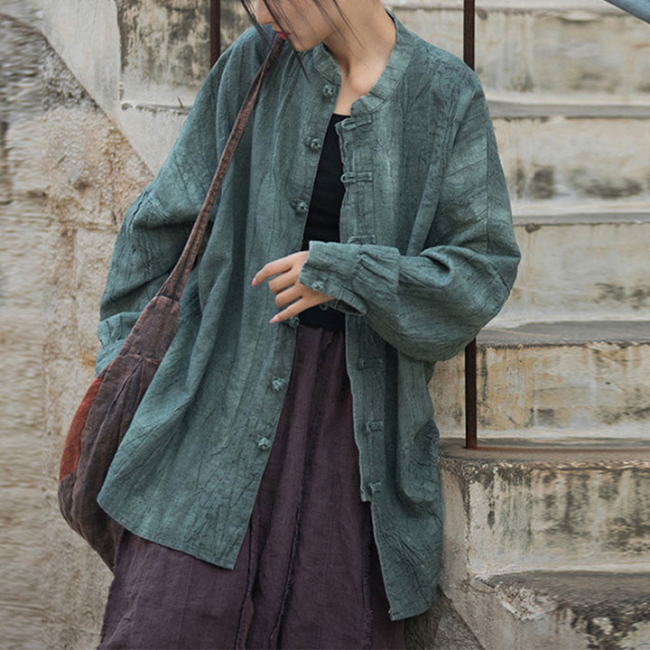 Veste ouverte à manches longues et boutons grenouille avec Buddha Stones et teinture par nouage pour méditation zen