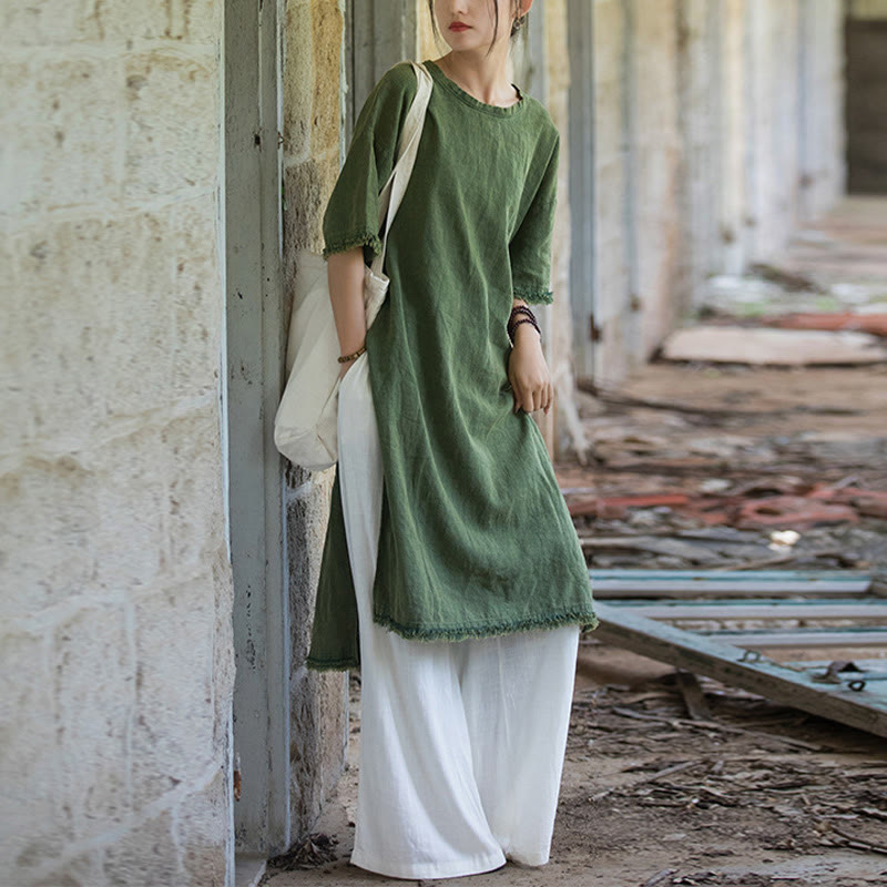 Robe mi-longue Buddha Stones T-shirt en lin ramie à manches mi-longues et ourlet fendu - image 12