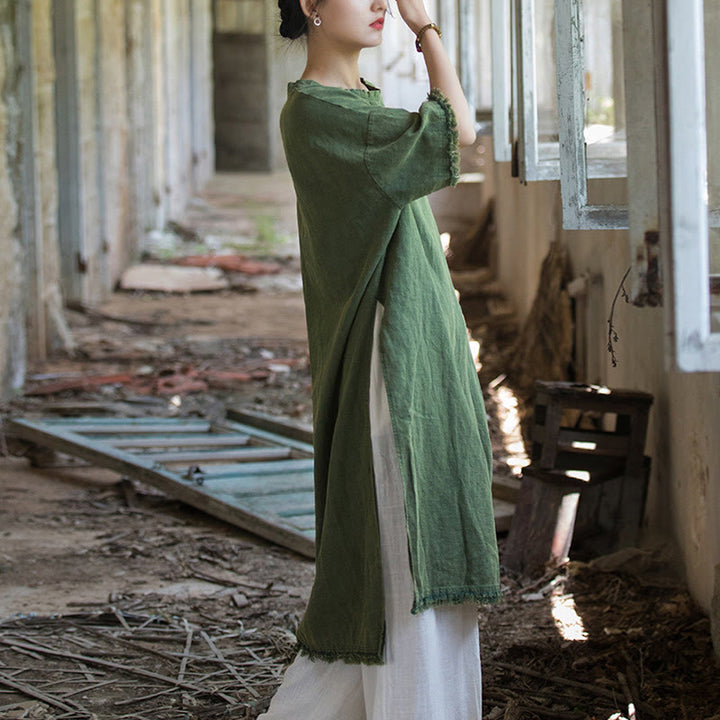 Robe mi-longue Buddha Stones T-shirt en lin ramie à manches mi-longues et ourlet fendu - image 6