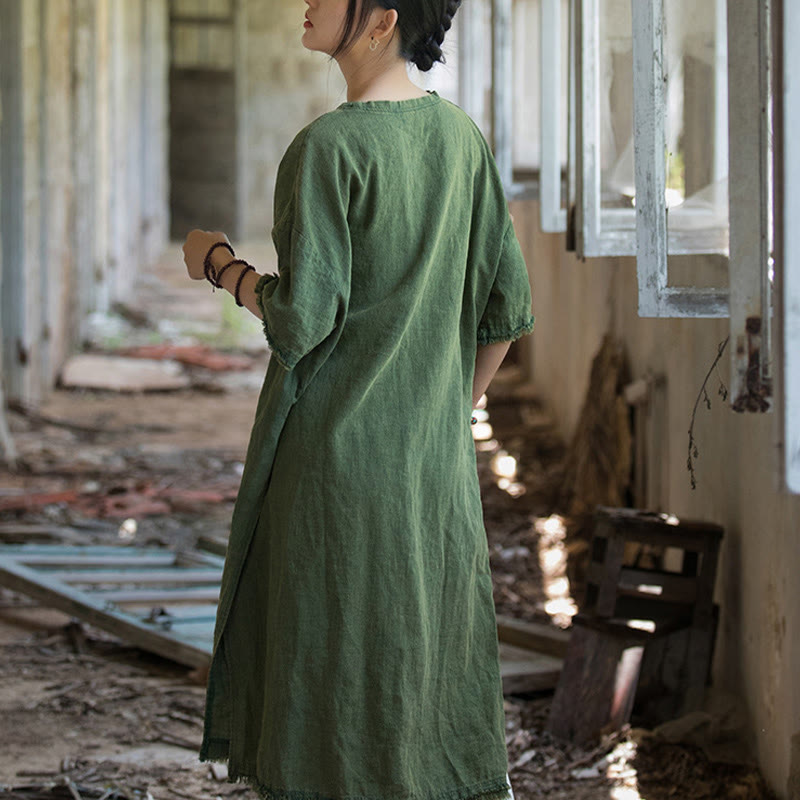 Robe mi-longue Buddha Stones T-shirt en lin ramie à manches mi-longues et ourlet fendu - image 4