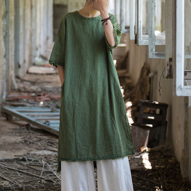 Robe mi-longue Buddha Stones T-shirt en lin ramie à manches mi-longues et ourlet fendu - image 7