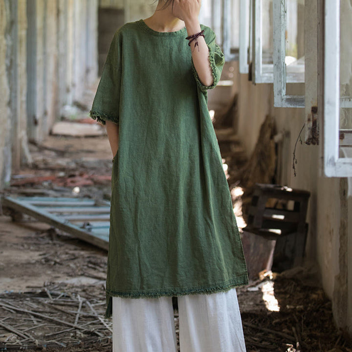 Robe mi-longue Buddha Stones T-shirt en lin ramie à manches mi-longues et ourlet fendu - image 7