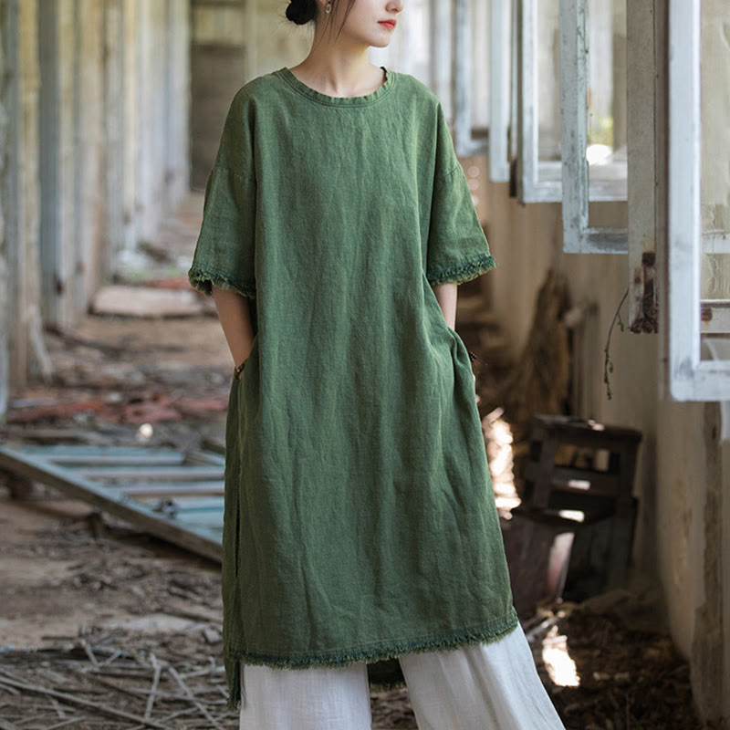 Robe mi-longue Buddha Stones T-shirt en lin ramie à manches mi-longues et ourlet fendu - Vert (Tour de poitrine 124 cm / Largeur d'épaules 60 cm / Longueur 101-108 cm) (Robe uniquement) - image 0
