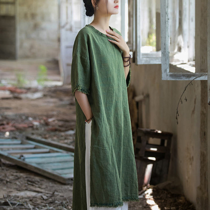 Robe mi-longue Buddha Stones T-shirt en lin ramie à manches mi-longues et ourlet fendu - image 5