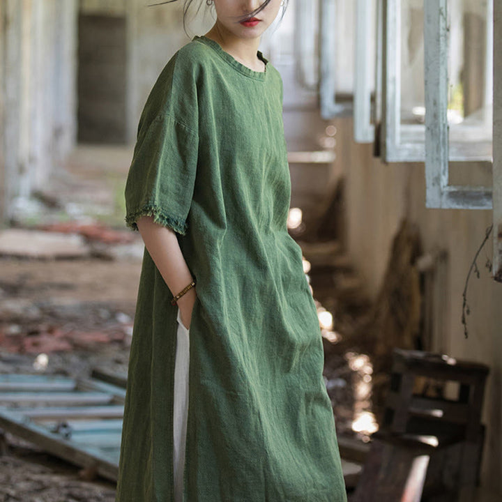 Robe mi-longue Buddha Stones T-shirt en lin ramie à manches mi-longues et ourlet fendu - image 3