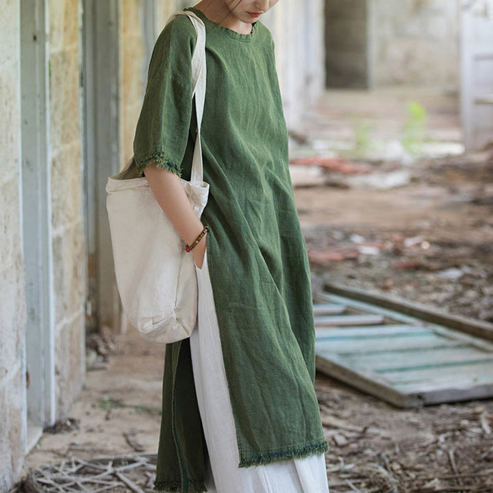 Robe mi-longue Buddha Stones T-shirt en lin ramie à manches mi-longues et ourlet fendu - image 8