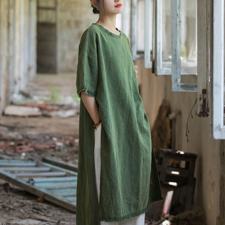 Robe mi-longue Buddha Stones T-shirt en lin ramie à manches mi-longues et ourlet fendu - image 10