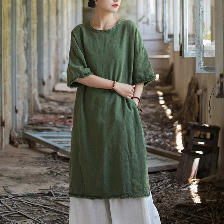 T-shirt à manches courtes pour femme en lin ramie et Buddha Stones , ourlet fendu - image 9