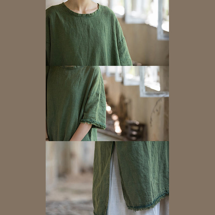 Robe mi-longue Buddha Stones T-shirt en lin ramie à manches mi-longues et ourlet fendu - image 13