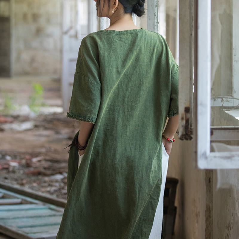 Robe mi-longue Buddha Stones T-shirt en lin ramie à manches mi-longues et ourlet fendu - image 11