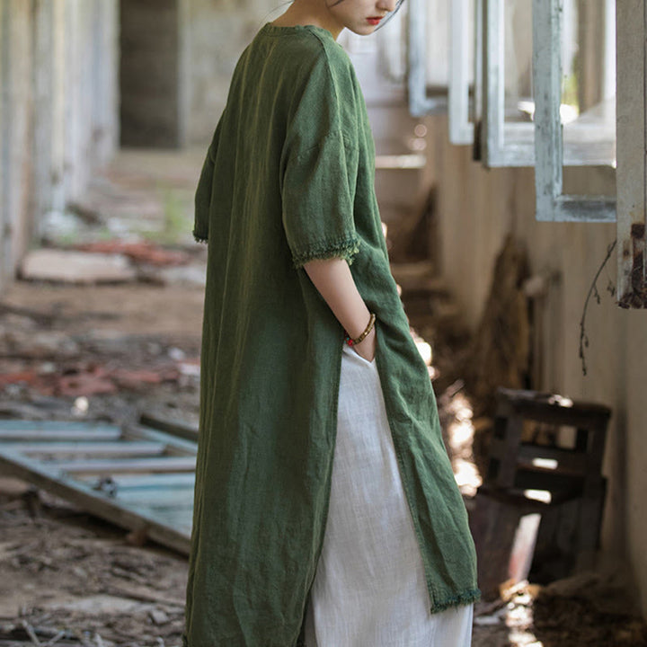 Robe mi-longue Buddha Stones T-shirt en lin ramie à manches mi-longues et ourlet fendu - image 2