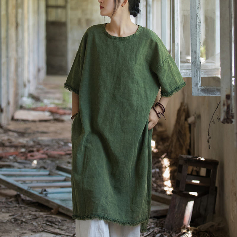 Robe mi-longue Buddha Stones T-shirt en lin ramie à manches mi-longues et ourlet fendu - image 1