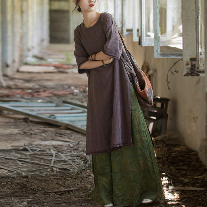 Robe mi-longue Buddha Stones T-shirt en lin ramie à manches mi-longues et ourlet fendu - image 29