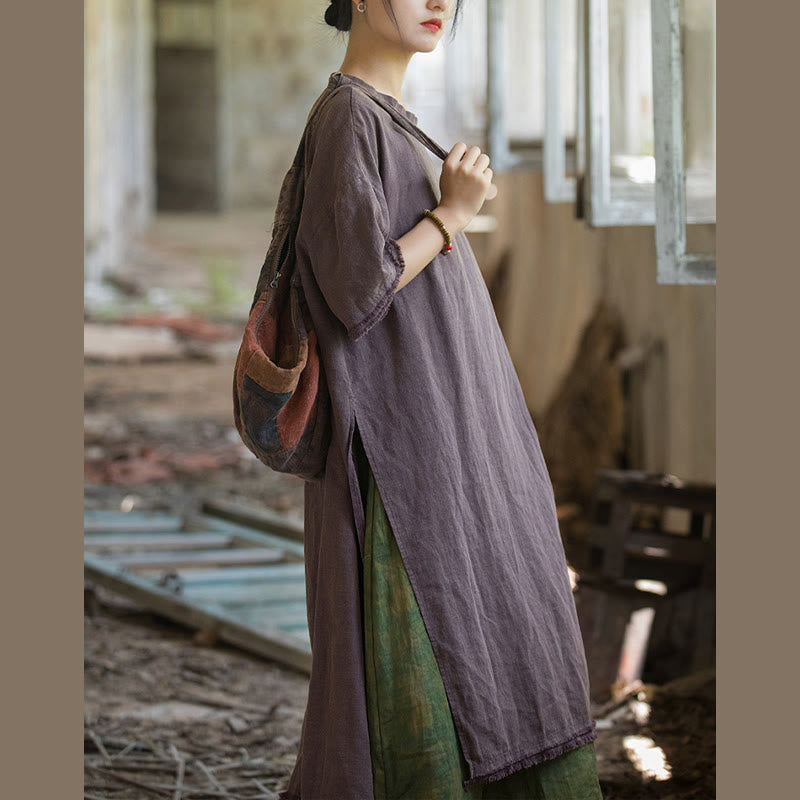 Robe mi-longue Buddha Stones T-shirt en lin ramie à manches mi-longues et ourlet fendu - image 24