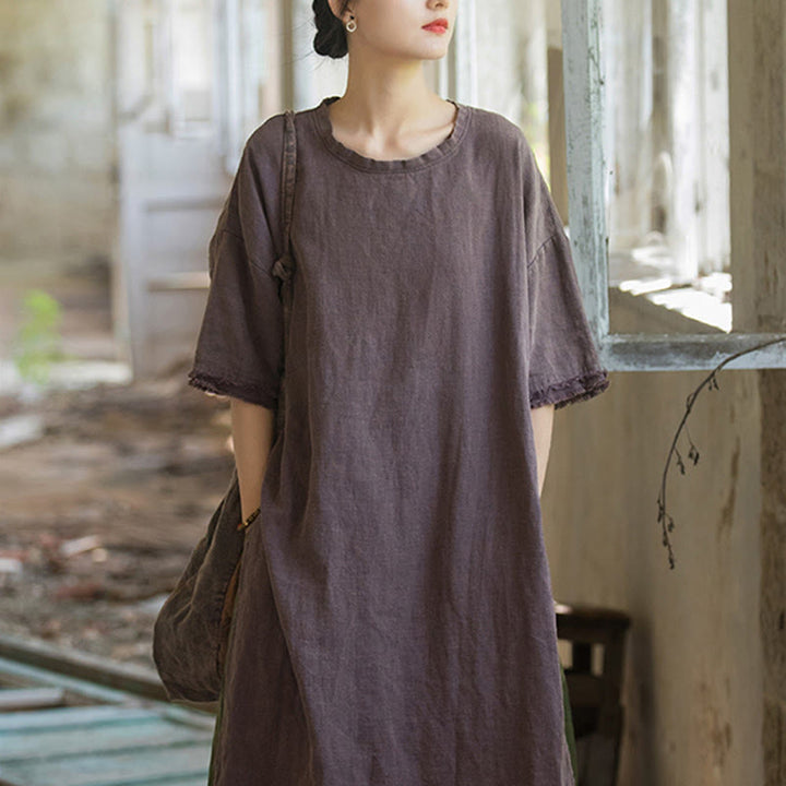 Robe mi-longue Buddha Stones T-shirt en lin ramie à manches mi-longues et ourlet fendu - image 22