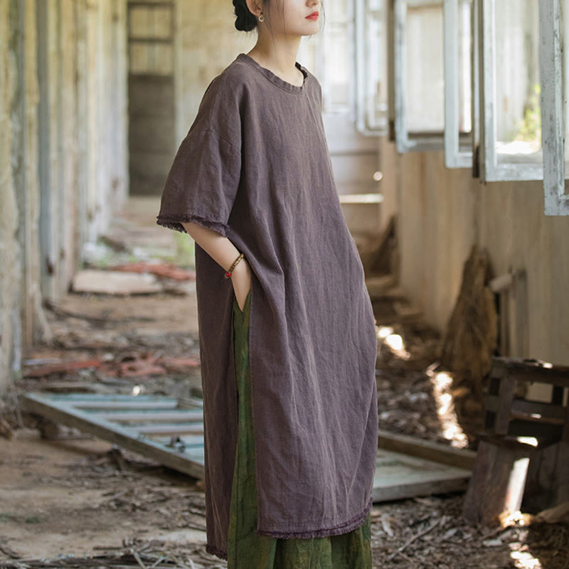 T-shirt à manches courtes pour femme en lin ramie et Buddha Stones , ourlet fendu - image 19
