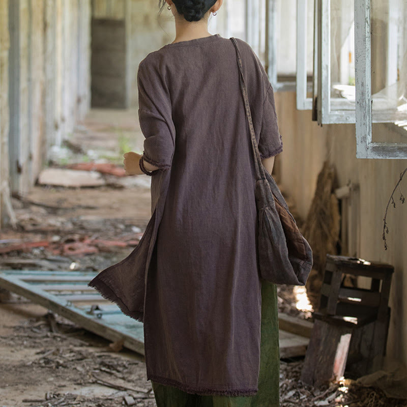 Robe mi-longue Buddha Stones T-shirt en lin ramie à manches mi-longues et ourlet fendu - image 18