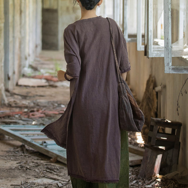 Robe mi-longue Buddha Stones T-shirt en lin ramie à manches mi-longues et ourlet fendu - image 18