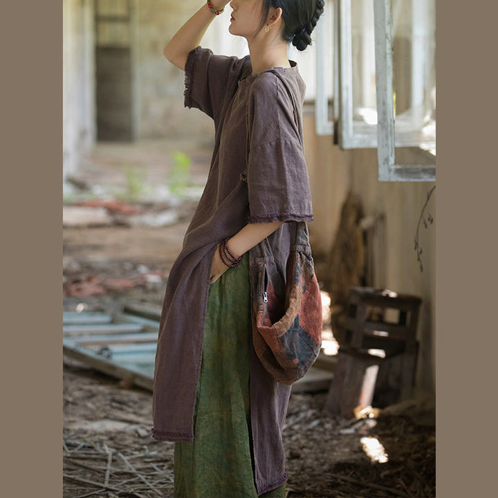 Robe mi-longue Buddha Stones T-shirt en lin ramie à manches mi-longues et ourlet fendu - image 23