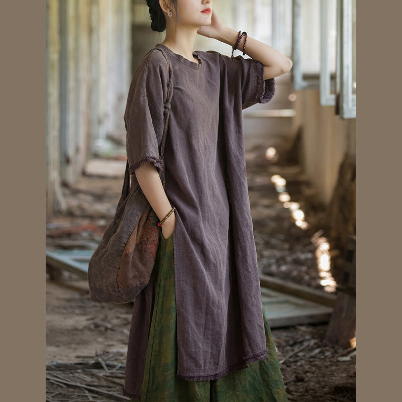 Robe mi-longue Buddha Stones T-shirt en lin ramie à manches mi-longues et ourlet fendu - image 28