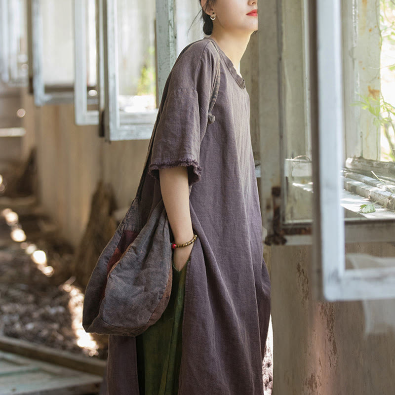 Robe mi-longue Buddha Stones T-shirt en lin ramie à manches mi-longues et ourlet fendu - image 27