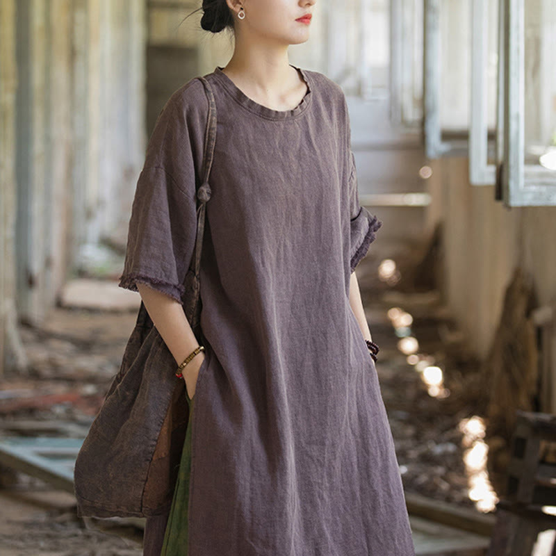 Robe mi-longue Buddha Stones T-shirt en lin ramie à manches mi-longues et ourlet fendu - image 26