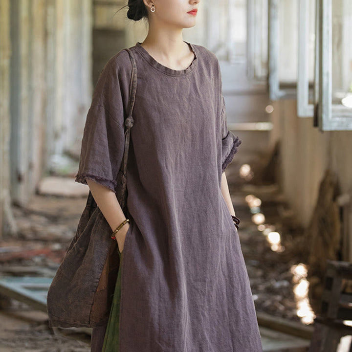 Robe mi-longue Buddha Stones T-shirt en lin ramie à manches mi-longues et ourlet fendu - image 26