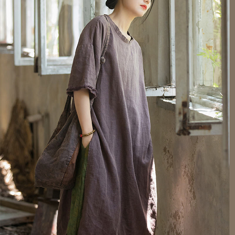 Robe mi-longue Buddha Stones T-shirt en lin ramie à manches mi-longues et ourlet fendu - image 21