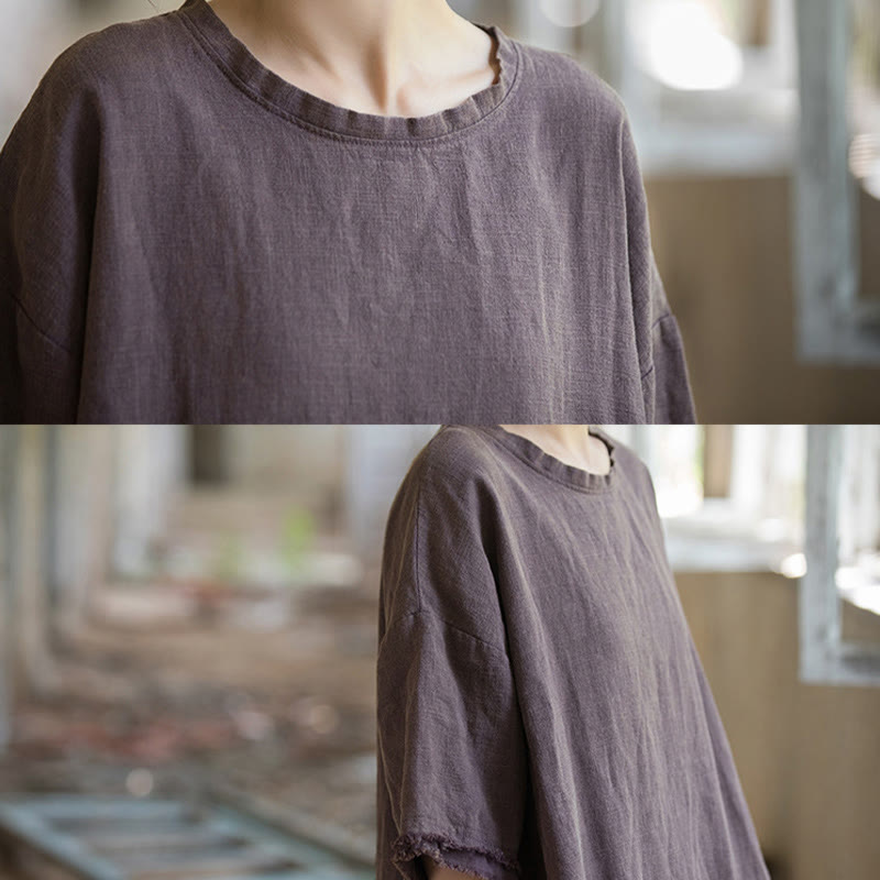 T-shirt à manches courtes pour femme en lin ramie et Buddha Stones , ourlet fendu - image 30