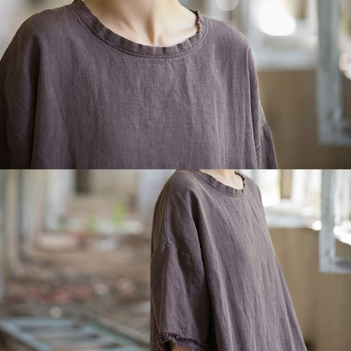 T-shirt à manches courtes pour femme en lin ramie et Buddha Stones , ourlet fendu - image 30