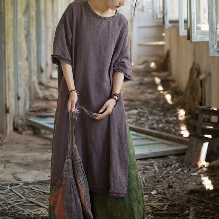 Robe mi-longue Buddha Stones T-shirt en lin ramie à manches mi-longues et ourlet fendu - image 25