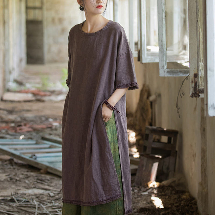 T-shirt à manches courtes pour femme en lin ramie et Buddha Stones , ourlet fendu - image 16