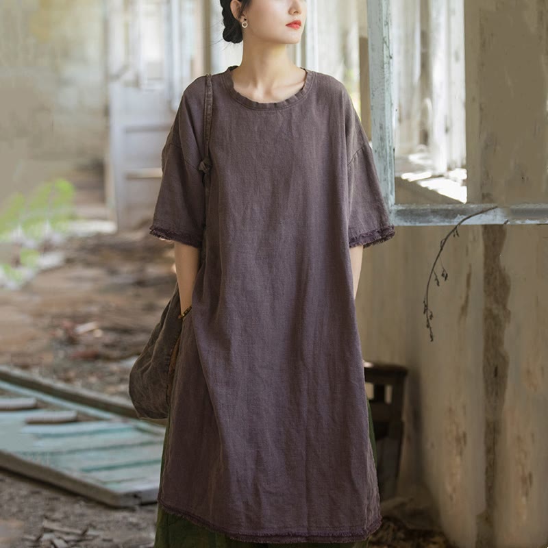 T-shirt à manches courtes pour femme en lin ramie et Buddha Stones , ourlet fendu - image 17