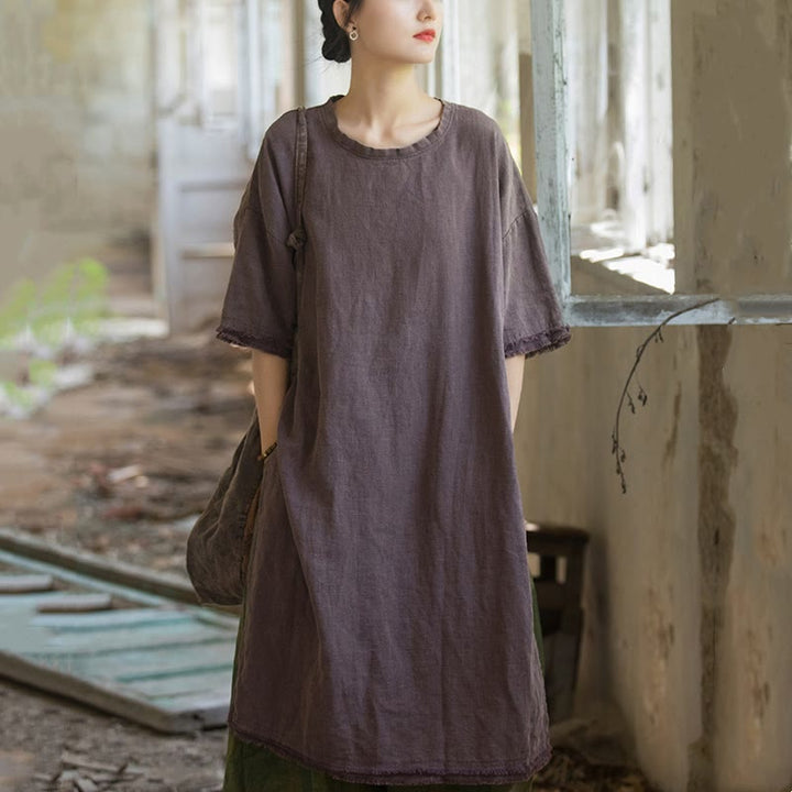 T-shirt à manches courtes pour femme en lin ramie et Buddha Stones , ourlet fendu - image 17