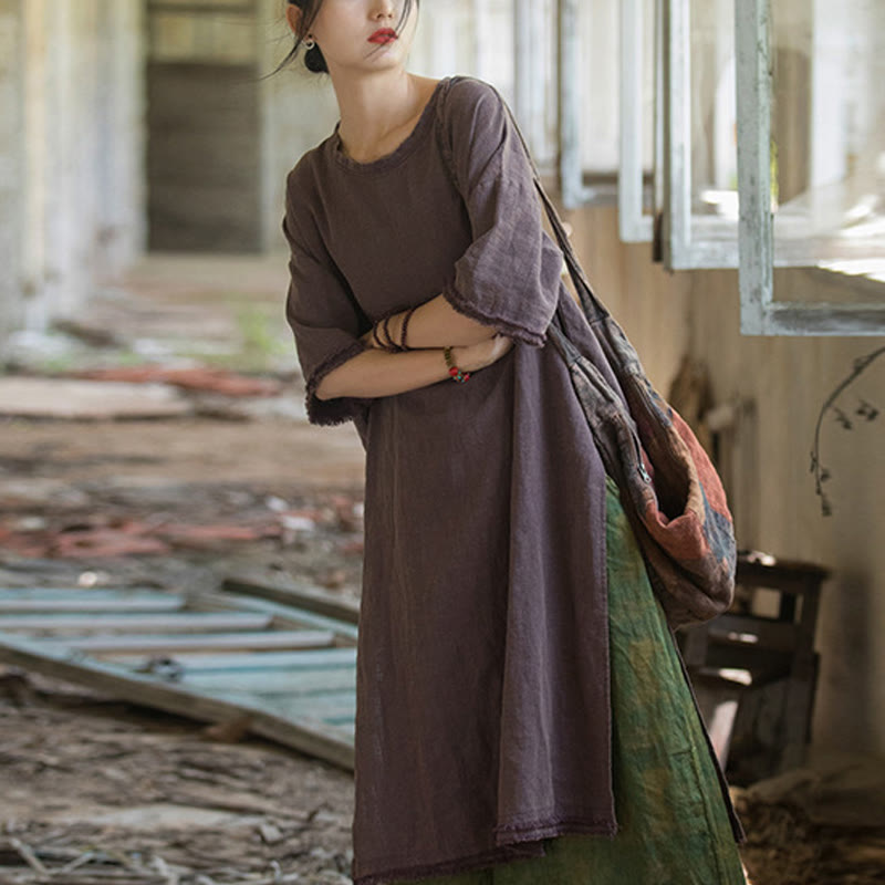 Robe mi-longue Buddha Stones T-shirt en lin ramie à manches mi-longues et ourlet fendu - Violet (Tour de poitrine 124 cm / Largeur d'épaules 60 cm / Longueur 101-108 cm) (Robe uniquement) - image 15