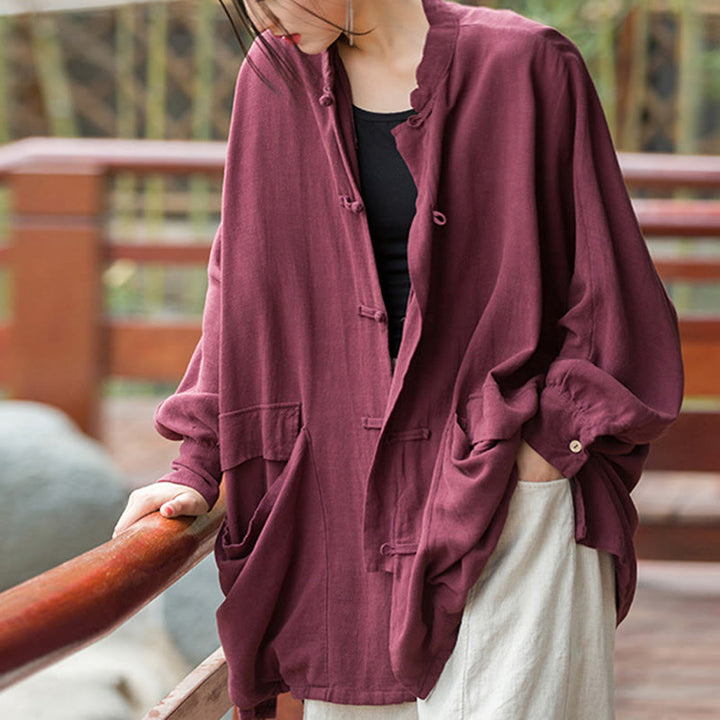 Veste ouverte à manches longues et boutons grenouille Buddha Stones pour méditation zen avec poches