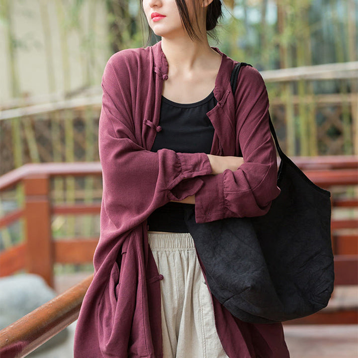 Veste ouverte à manches longues et boutons grenouille Buddha Stones pour méditation zen avec poches