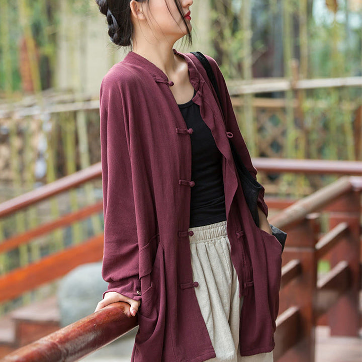 Veste ouverte à manches longues et boutons grenouille Buddha Stones pour méditation zen avec poches