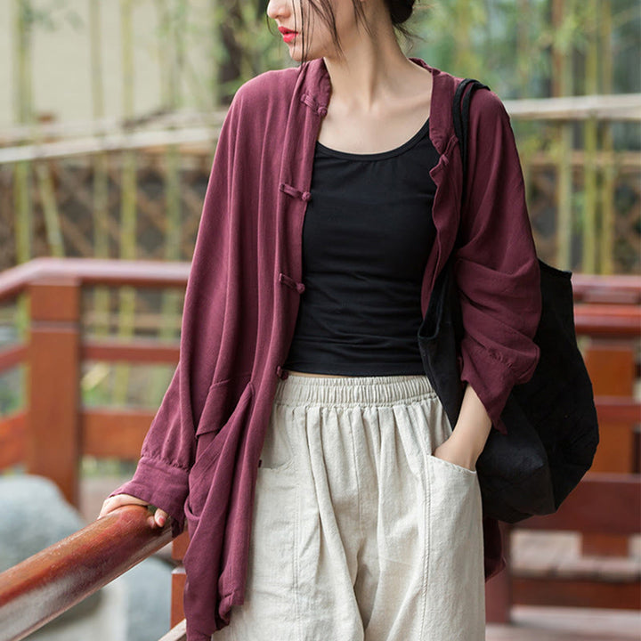 Veste ouverte à manches longues et boutons grenouille Buddha Stones pour méditation zen avec poches