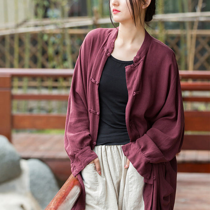 Veste ouverte à manches longues et boutons grenouille Buddha Stones pour méditation zen avec poches