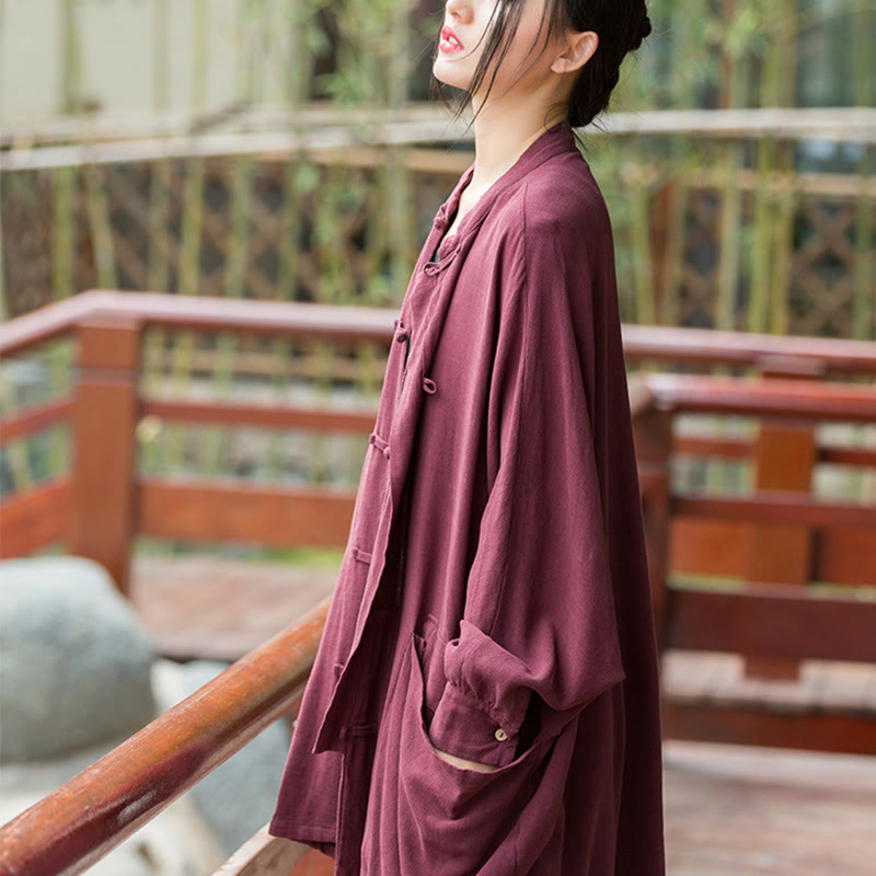Veste ouverte à manches longues et boutons grenouille Buddha Stones pour méditation zen avec poches