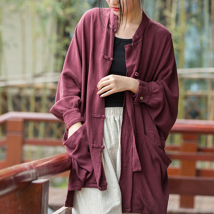 Veste ouverte à manches longues et boutons grenouille Buddha Stones pour méditation zen avec poches - Rouge, US 4-14, UK/AU 8-18, EU 36-46 (F) - image 0