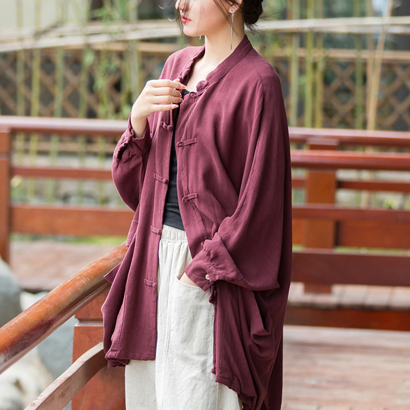 Veste ouverte à manches longues et boutons grenouille Buddha Stones pour méditation zen avec poches