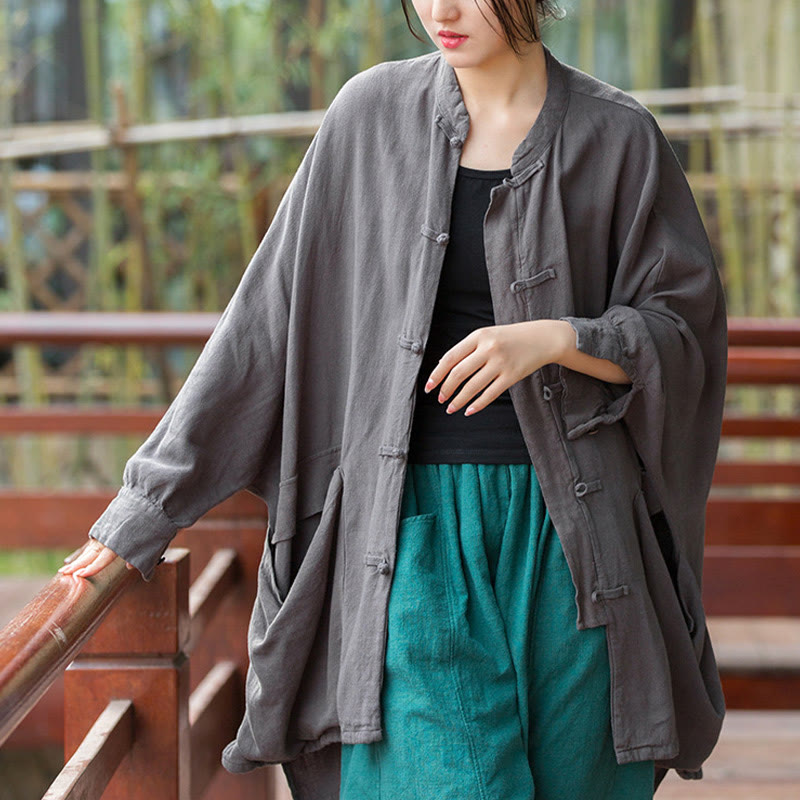 Veste ouverte à manches longues et boutons grenouille Buddha Stones pour méditation zen avec poches