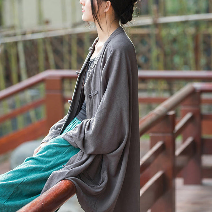 Veste ouverte à manches longues et boutons grenouille Buddha Stones pour méditation zen avec poches