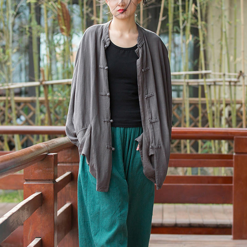 Veste ouverte à manches longues et boutons grenouille Buddha Stones pour méditation zen avec poches