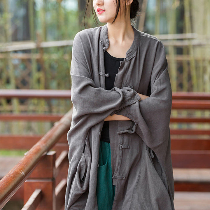 Veste ouverte à manches longues et boutons grenouille Buddha Stones pour méditation zen avec poches