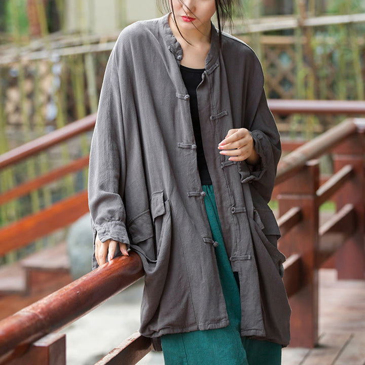 Veste ouverte à manches longues et boutons grenouille Buddha Stones pour méditation zen avec poches