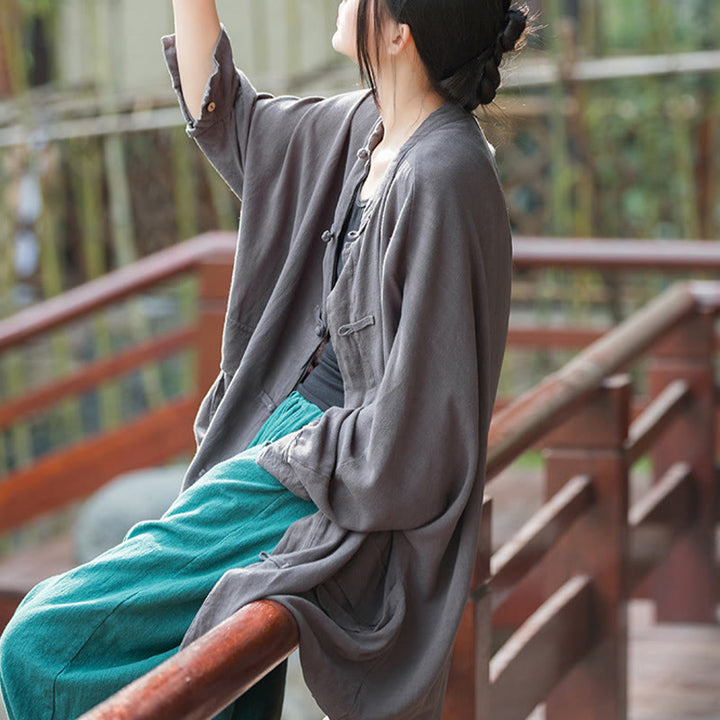 Veste ouverte à manches longues et boutons grenouille Buddha Stones pour méditation zen avec poches