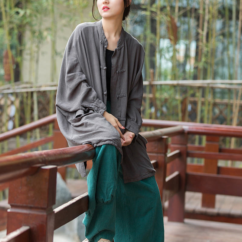 Veste ouverte à manches longues et boutons grenouille Buddha Stones pour méditation zen avec poches